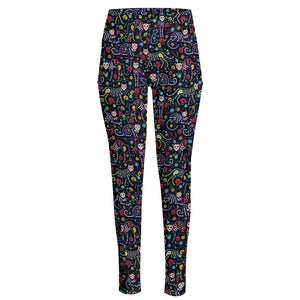 Day Of The Dead Calavera Cat Print High-Waisted Pocket Leggings