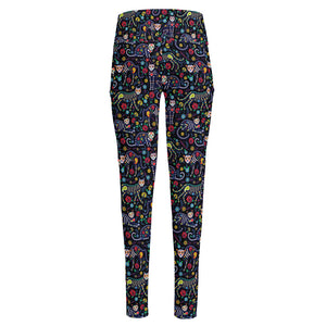 Day Of The Dead Calavera Cat Print High-Waisted Pocket Leggings