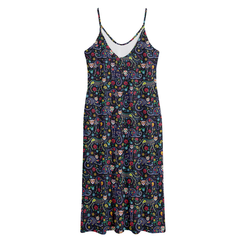 Day Of The Dead Calavera Cat Print Jersey Midi Cami Dress