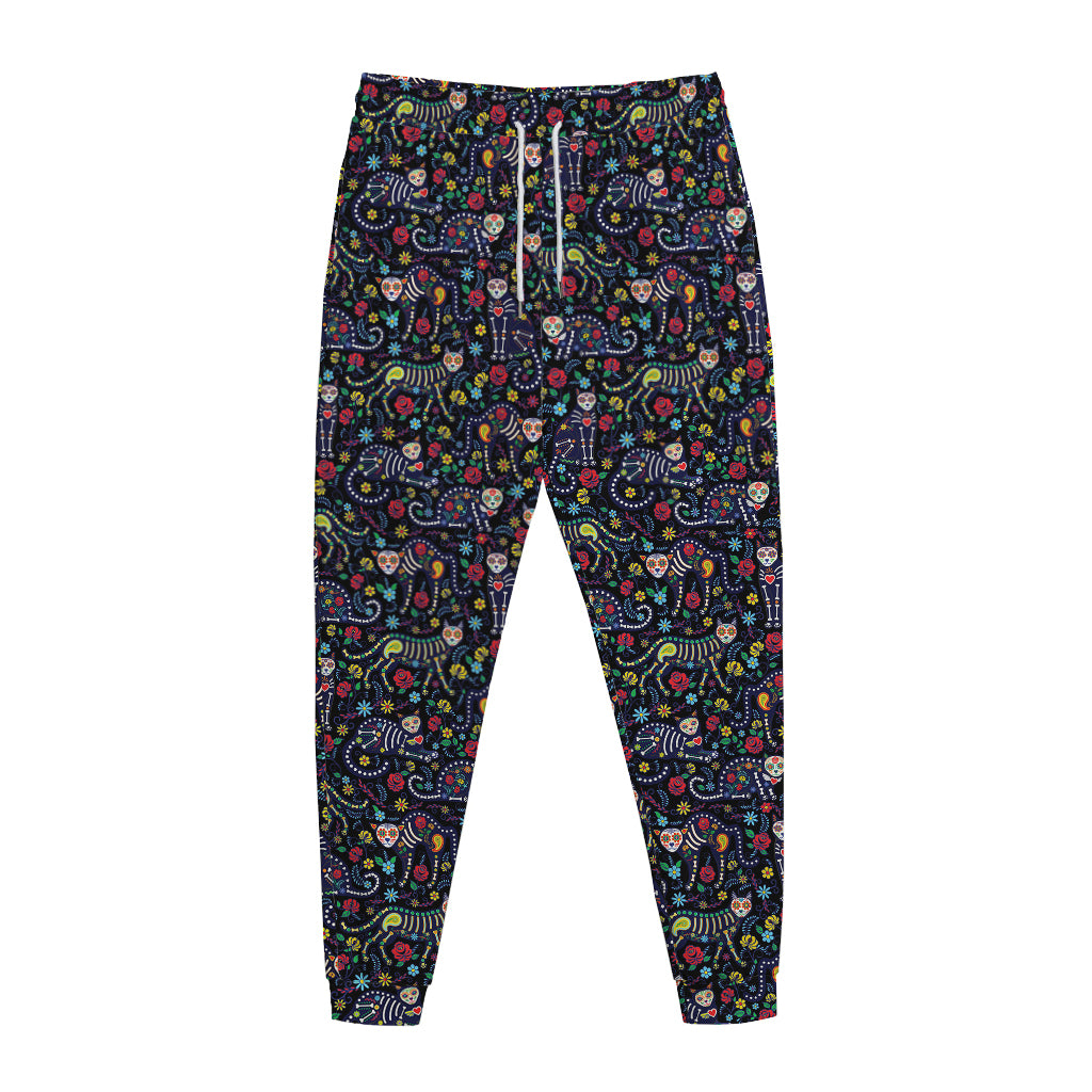 Day Of The Dead Calavera Cat Print Jogger Pants
