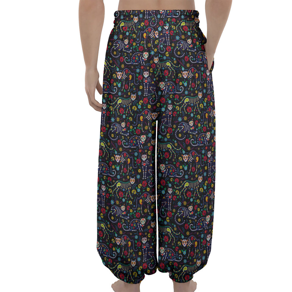 Day Of The Dead Calavera Cat Print Lantern Pants