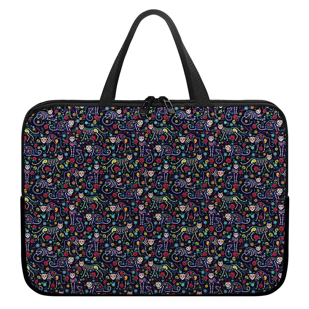 Day Of The Dead Calavera Cat Print Laptop Sleeve With Handle