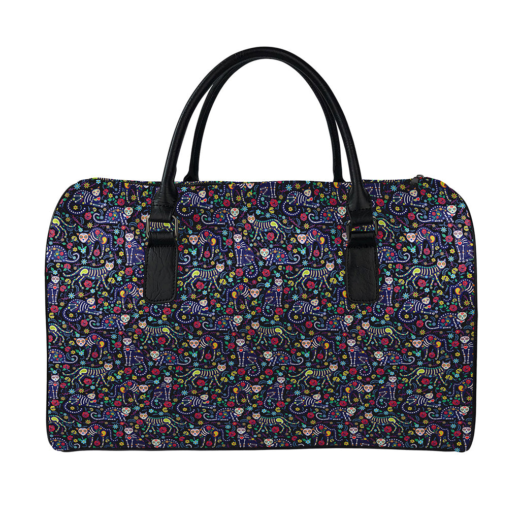 Day Of The Dead Calavera Cat Print Leather Duffle Bag