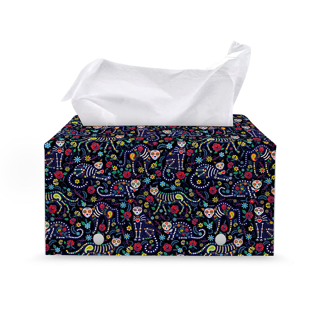 Day Of The Dead Calavera Cat Print Leather Tissue Box Cover