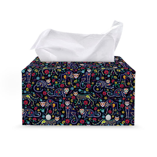 Day Of The Dead Calavera Cat Print Leather Tissue Box Cover