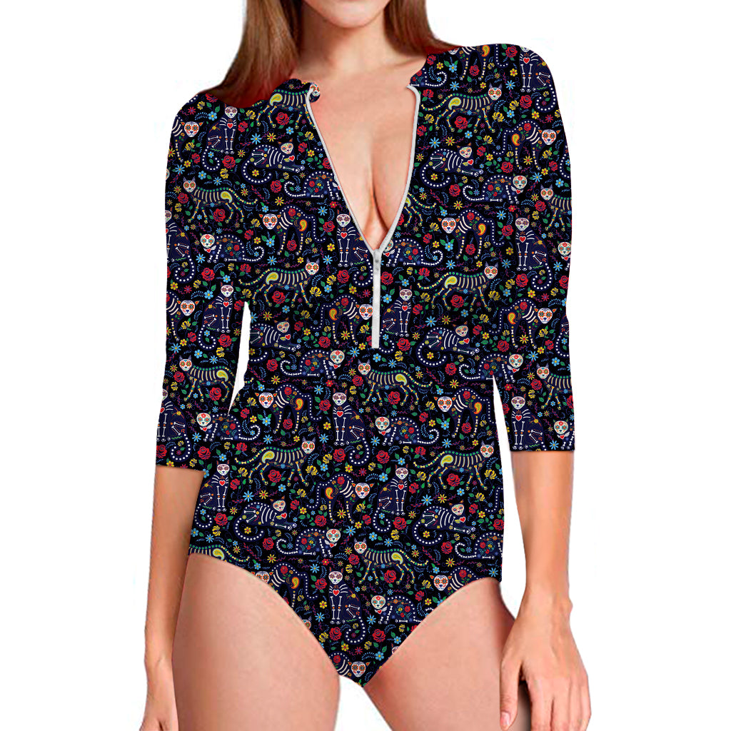 Day Of The Dead Calavera Cat Print Long Sleeve Swimsuit
