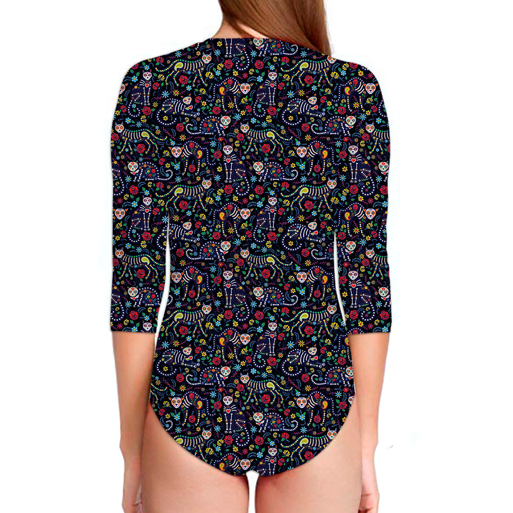 Day Of The Dead Calavera Cat Print Long Sleeve Swimsuit