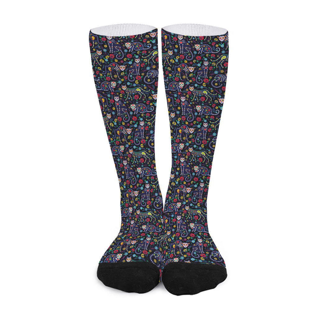 Day Of The Dead Calavera Cat Print Long Socks