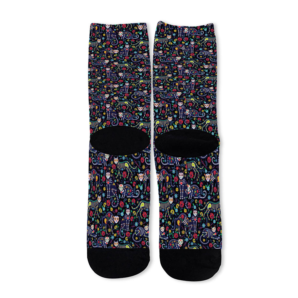 Day Of The Dead Calavera Cat Print Long Socks