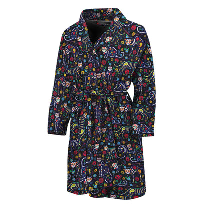 Day Of The Dead Calavera Cat Print Men's Bathrobe