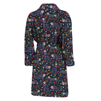 Day Of The Dead Calavera Cat Print Men's Bathrobe