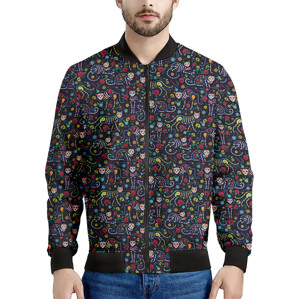 Day Of The Dead Calavera Cat Print Men's Bomber Jacket