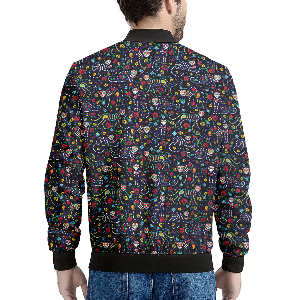 Day Of The Dead Calavera Cat Print Men's Bomber Jacket