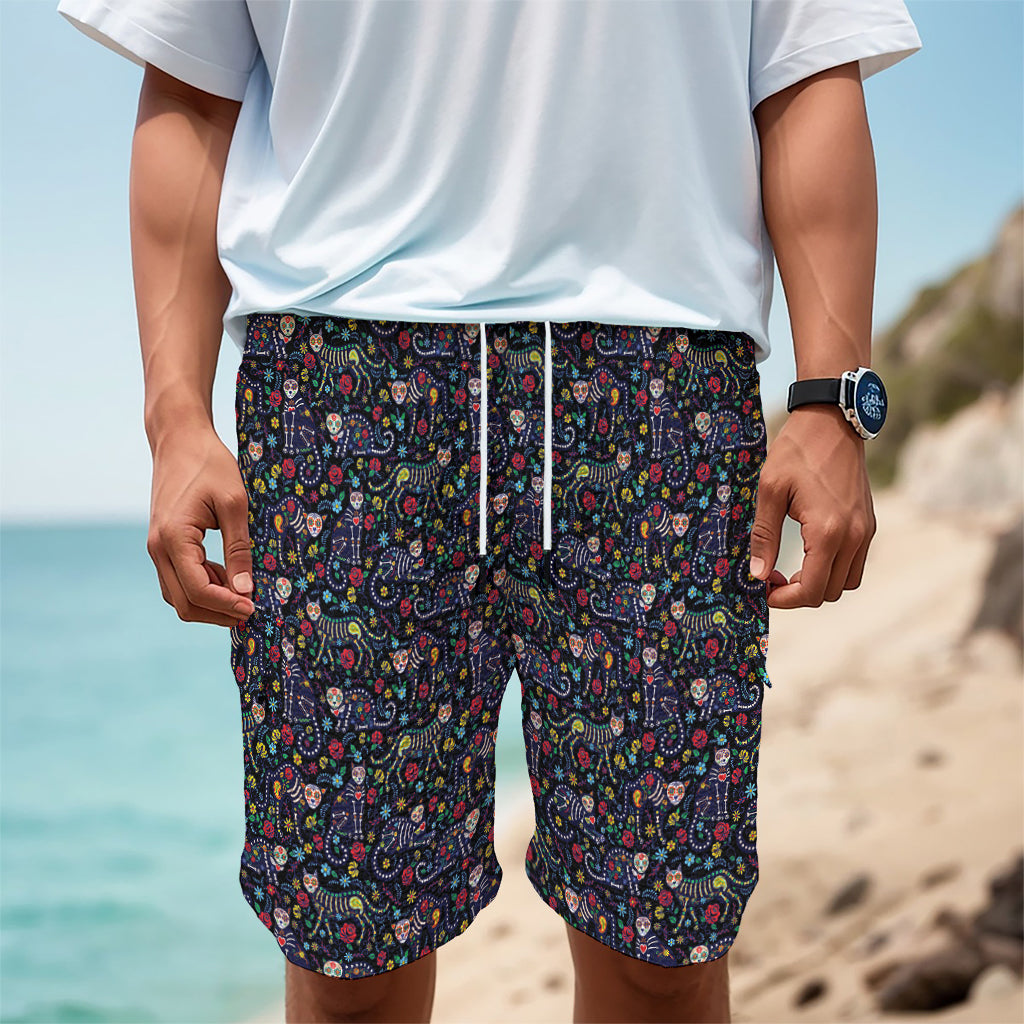 Day Of The Dead Calavera Cat Print Men's Cargo Shorts