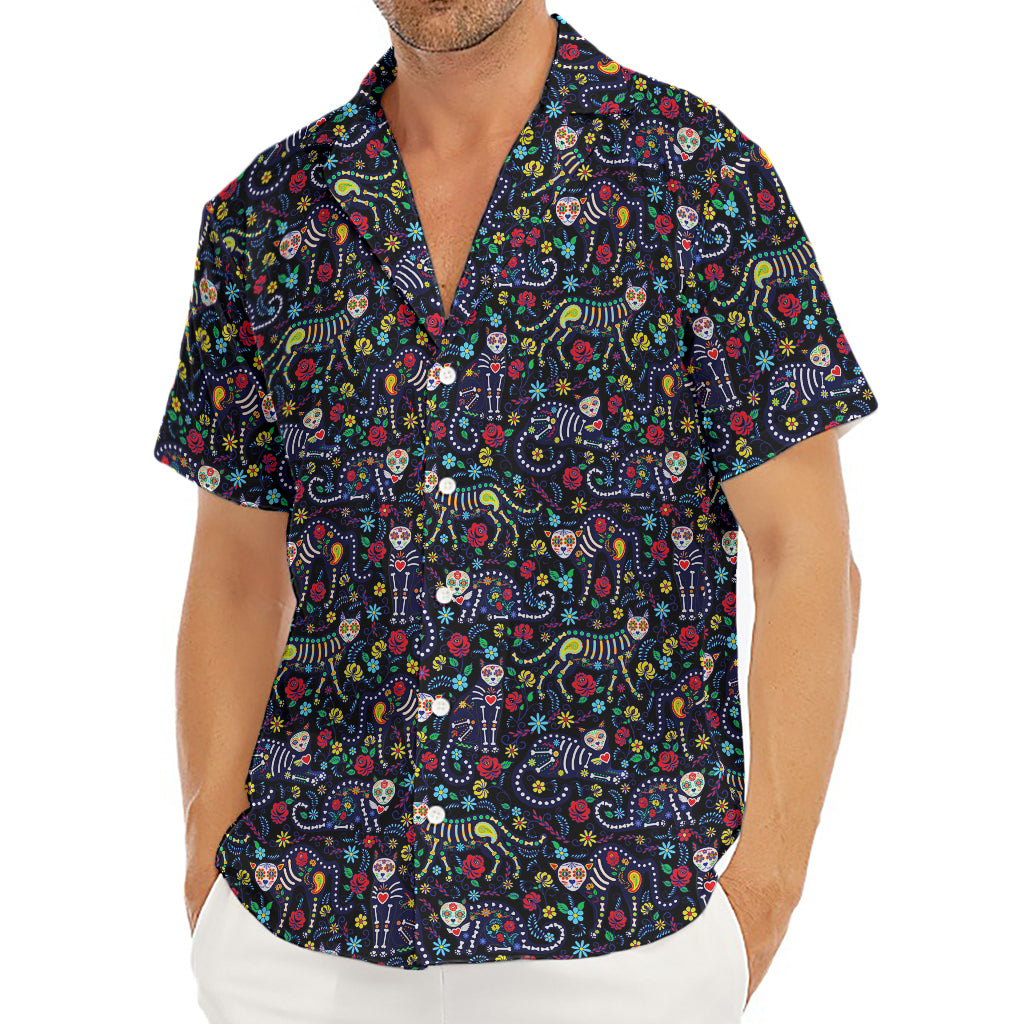 Day Of The Dead Calavera Cat Print Men's Deep V-Neck Shirt