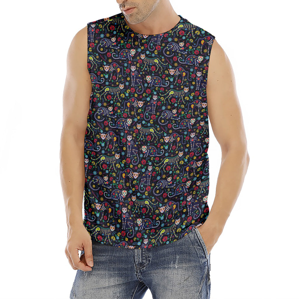 Day Of The Dead Calavera Cat Print Men's Fitness Tank Top