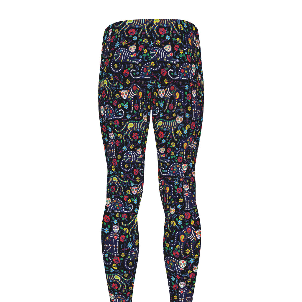 Day Of The Dead Calavera Cat Print Men's leggings