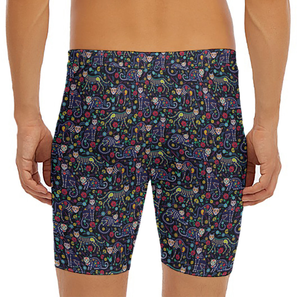 Day Of The Dead Calavera Cat Print Men's Long Boxer Briefs