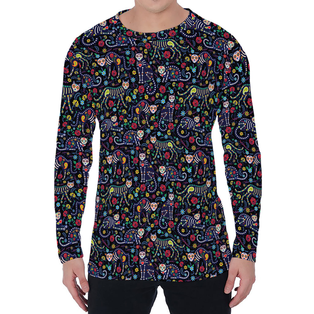 Day Of The Dead Calavera Cat Print Men's Long Sleeve T-Shirt