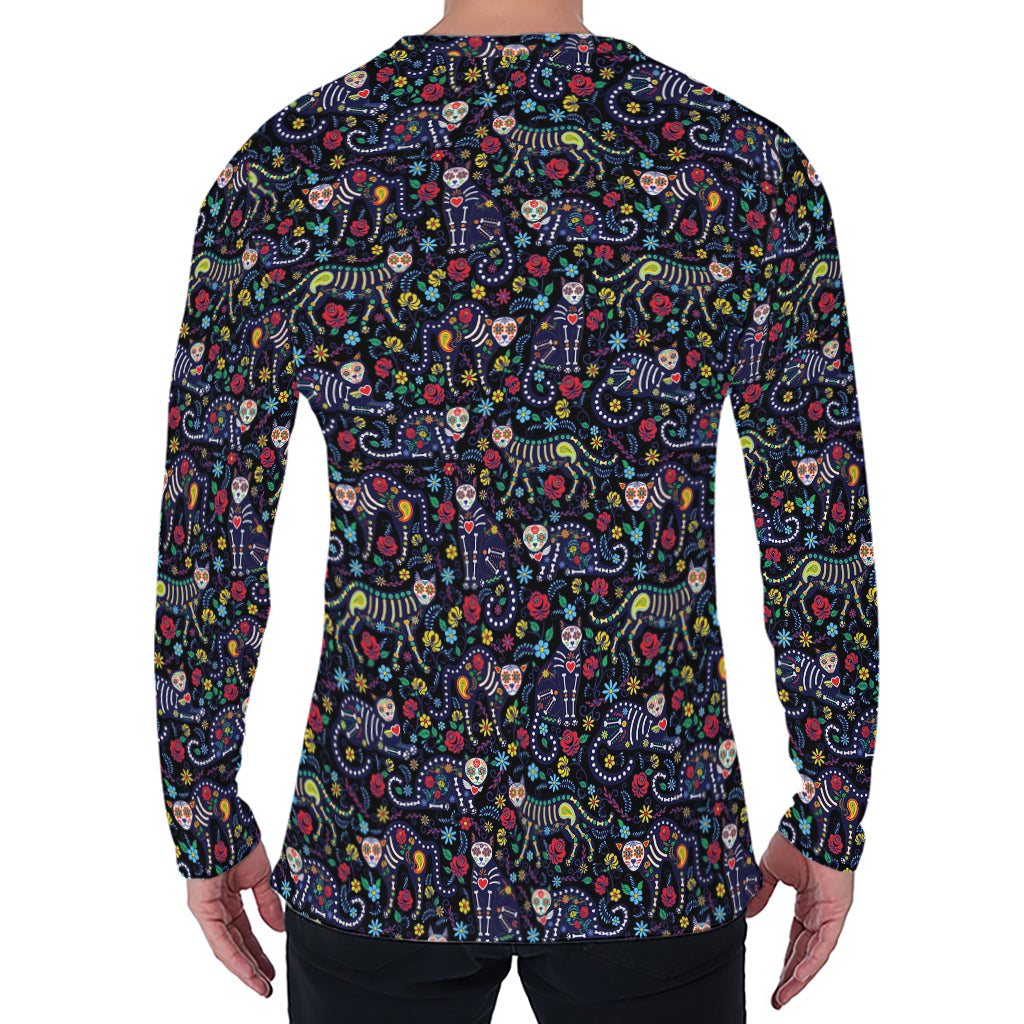 Day Of The Dead Calavera Cat Print Men's Long Sleeve T-Shirt