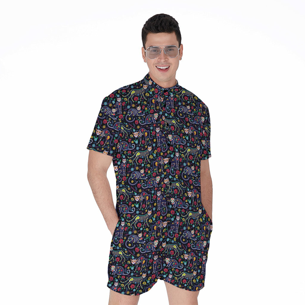 Day Of The Dead Calavera Cat Print Men's Rompers