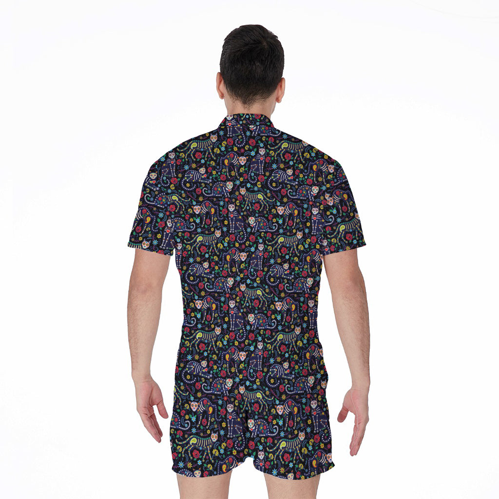 Day Of The Dead Calavera Cat Print Men's Rompers