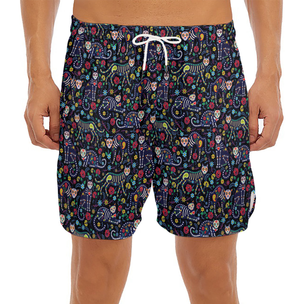 Day Of The Dead Calavera Cat Print Men's Split Running Shorts