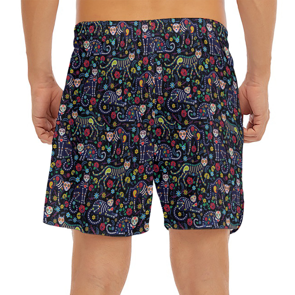 Day Of The Dead Calavera Cat Print Men's Split Running Shorts