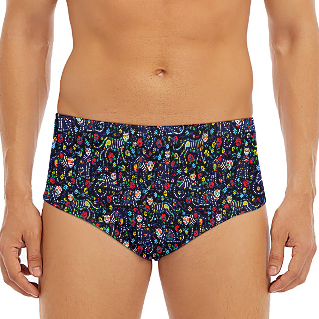 Day Of The Dead Calavera Cat Print Men's Triangle Swim Briefs
