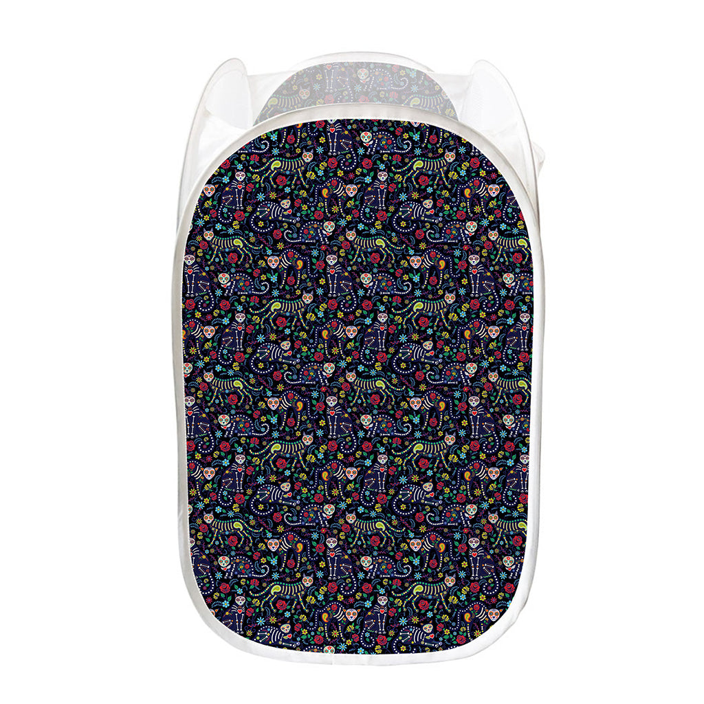 Day Of The Dead Calavera Cat Print Mesh Laundry Hamper