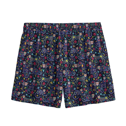 Day Of The Dead Calavera Cat Print Mesh Shorts