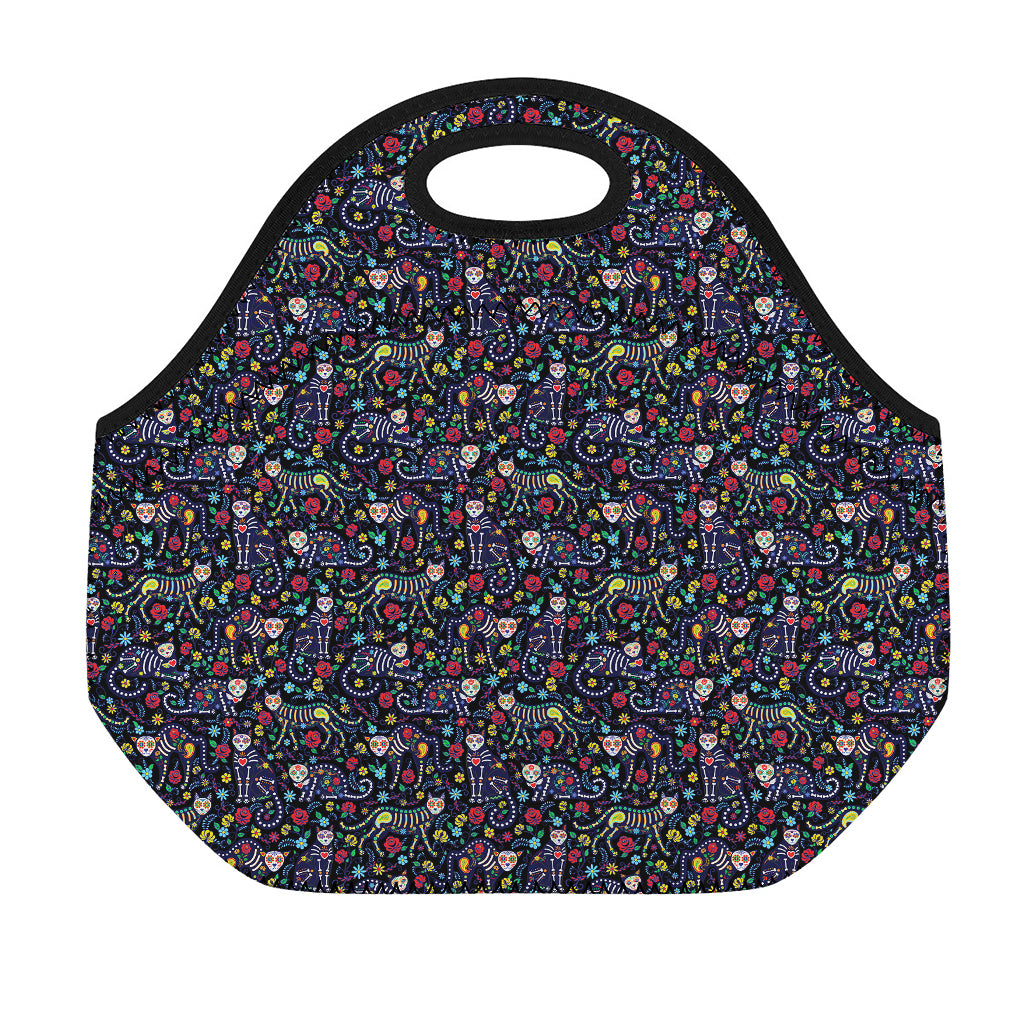 Day Of The Dead Calavera Cat Print Neoprene Lunch Bag