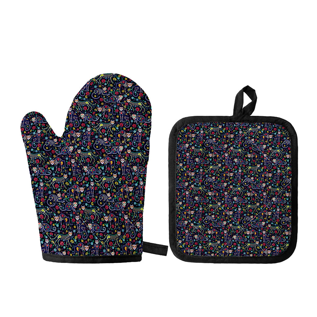 Day Of The Dead Calavera Cat Print Oven Mitt And Pot Holder Set