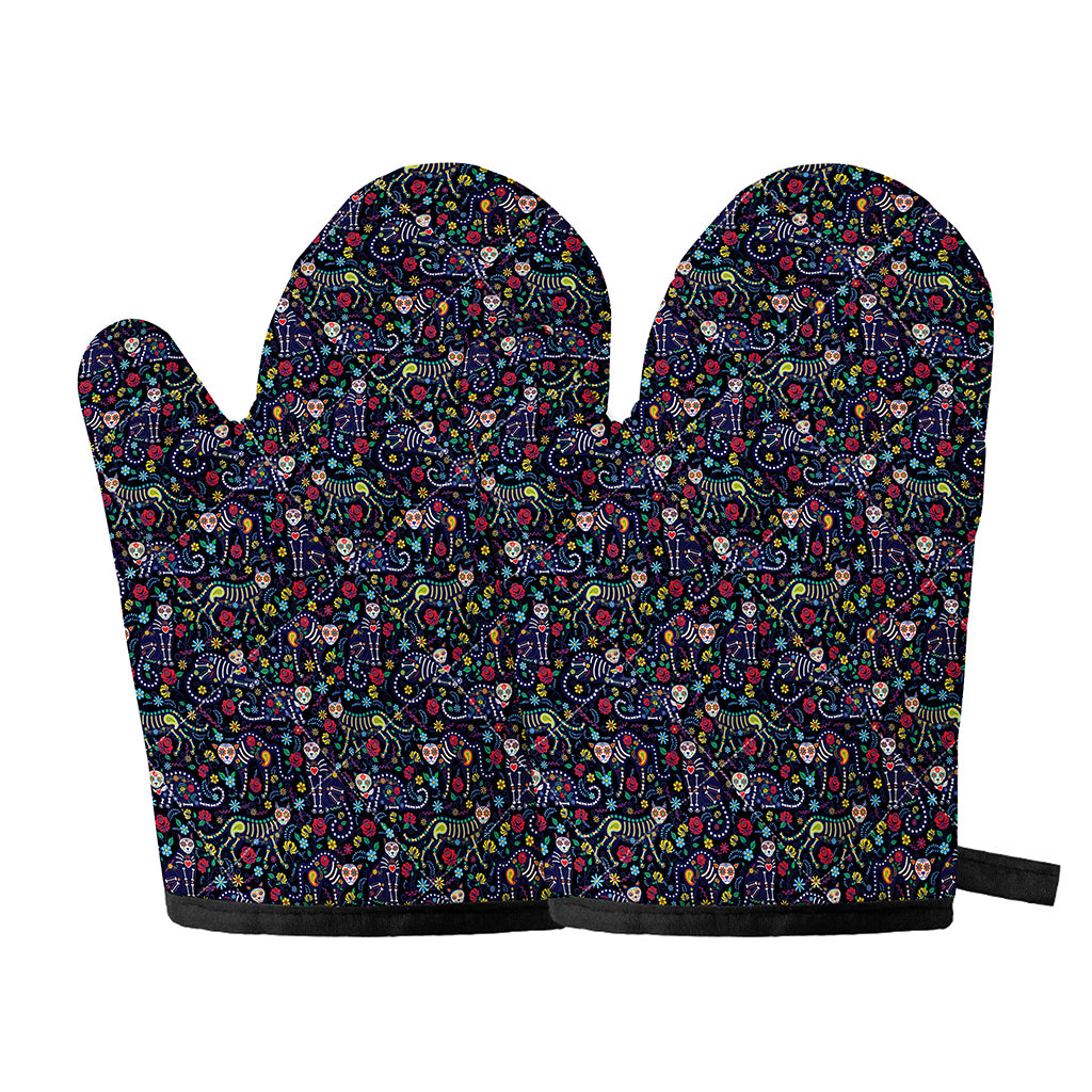 Day Of The Dead Calavera Cat Print Oven Mitts