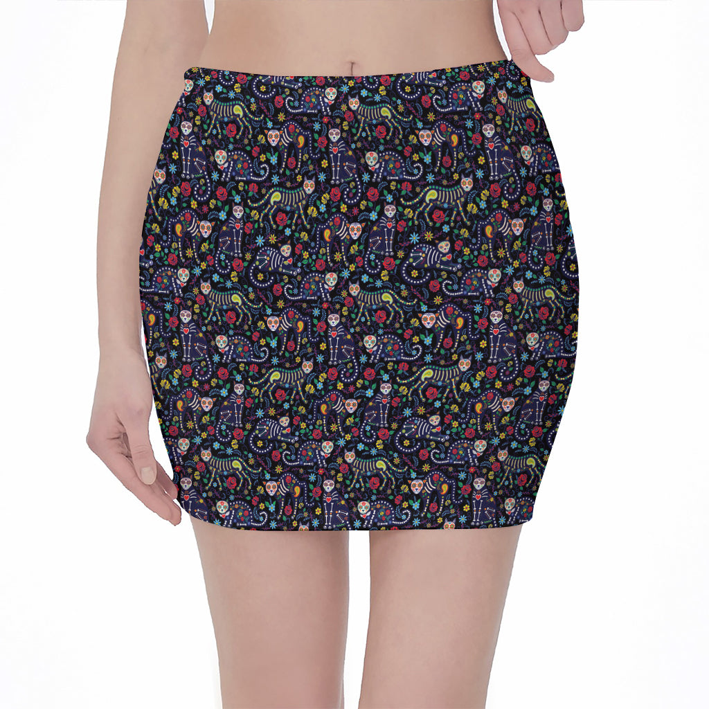 Day Of The Dead Calavera Cat Print Pencil Mini Skirt