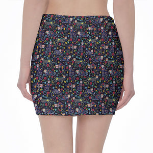 Day Of The Dead Calavera Cat Print Pencil Mini Skirt