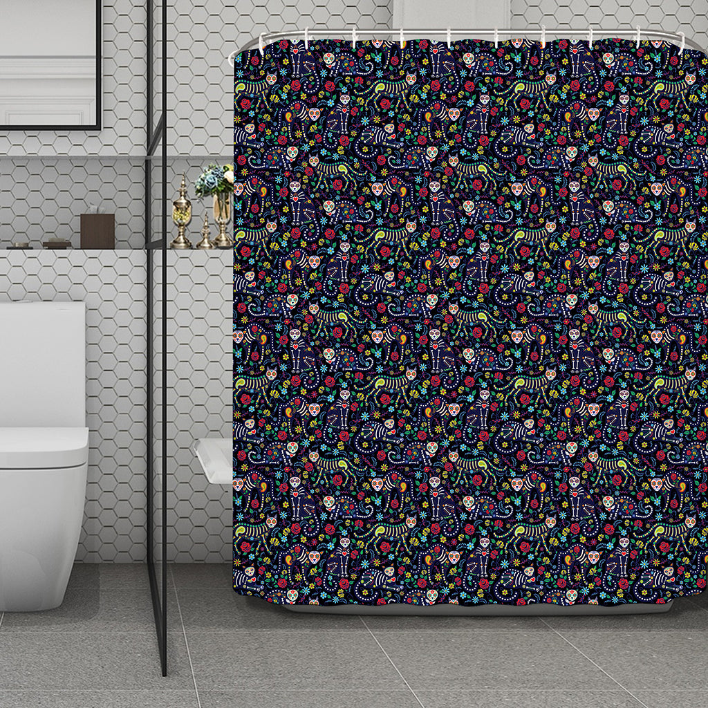 Day Of The Dead Calavera Cat Print Polyester Shower Curtain