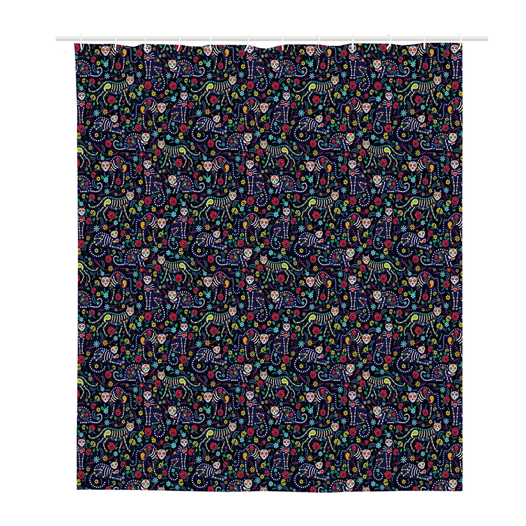 Day Of The Dead Calavera Cat Print Polyester Shower Curtain