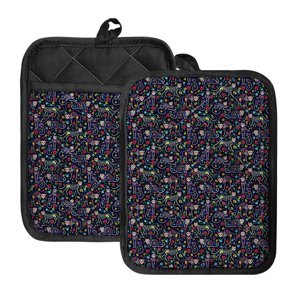 Day Of The Dead Calavera Cat Print Pot Holders With Pocket