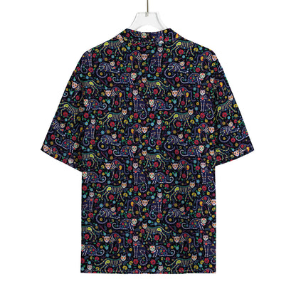 Day Of The Dead Calavera Cat Print Rayon Hawaiian Shirt