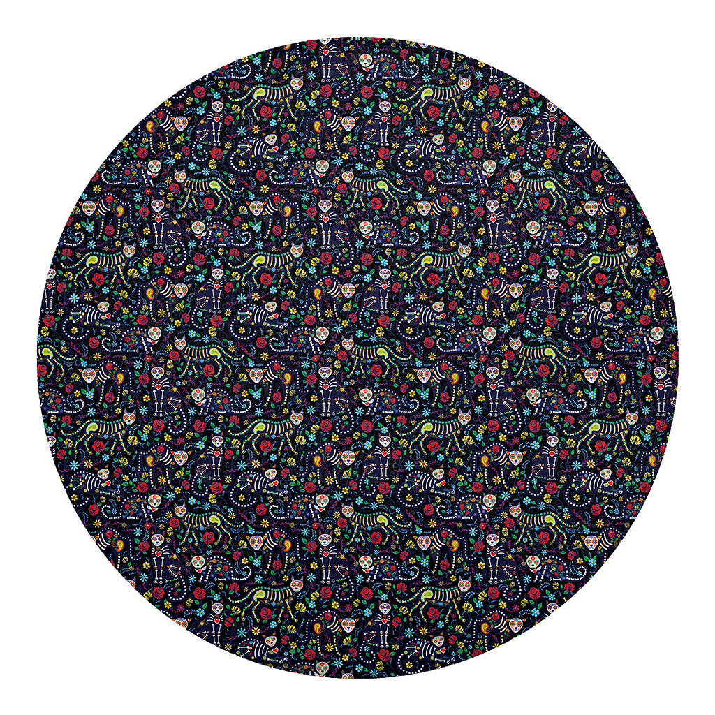 Day Of The Dead Calavera Cat Print Round Blanket