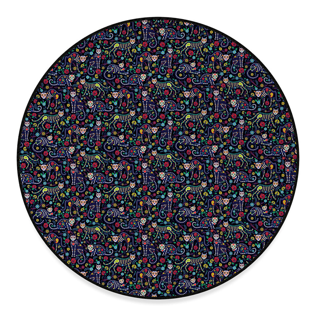 Day Of The Dead Calavera Cat Print Round Floor Mat