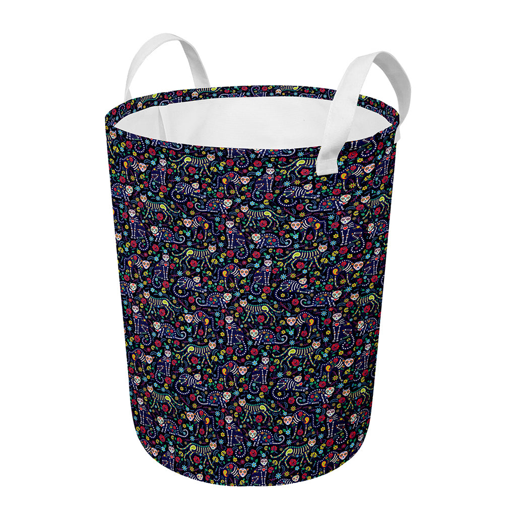Day Of The Dead Calavera Cat Print Round Laundry Basket