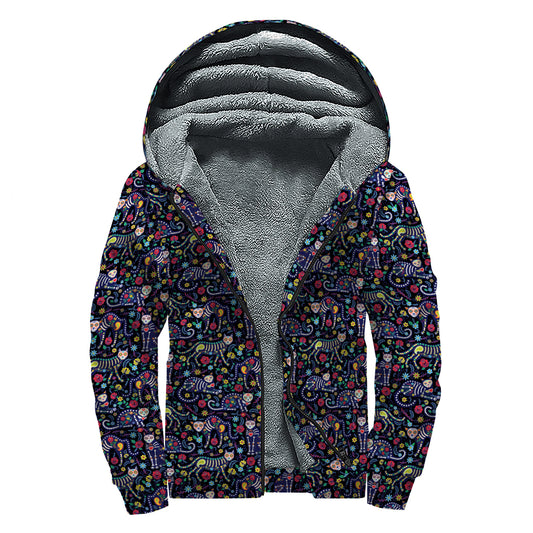 Day Of The Dead Calavera Cat Print Sherpa Lined Zip Up Hoodie
