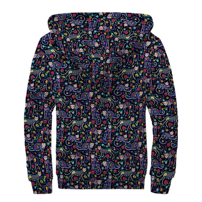 Day Of The Dead Calavera Cat Print Sherpa Lined Zip Up Hoodie