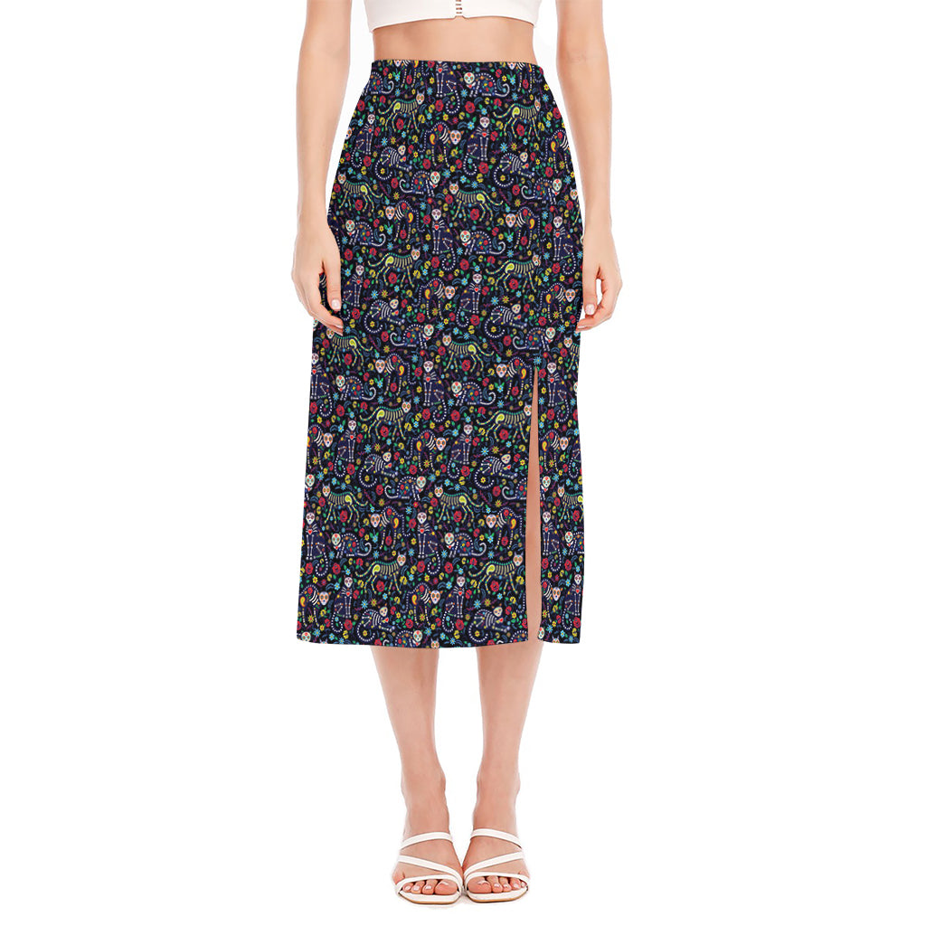 Day Of The Dead Calavera Cat Print Side Slit Midi Skirt