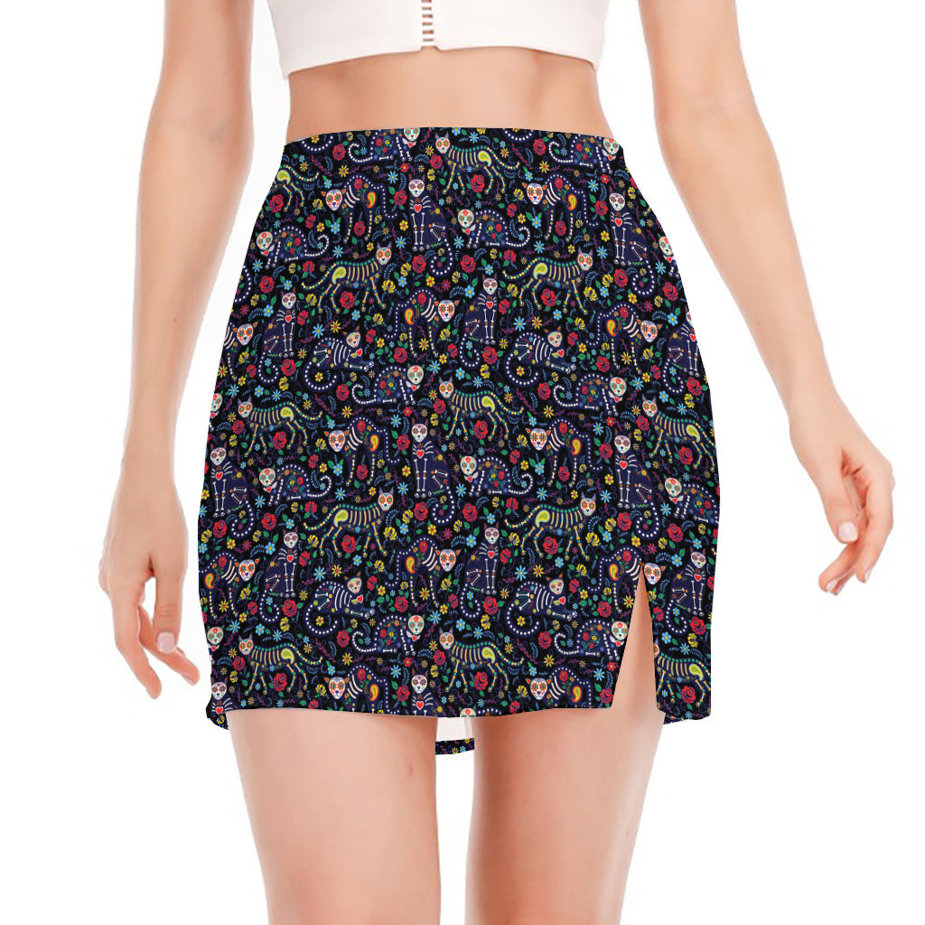 Day Of The Dead Calavera Cat Print Side Slit Mini Skirt