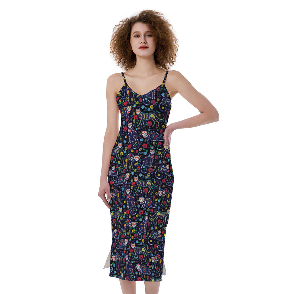 Day Of The Dead Calavera Cat Print Slim Fit Midi Cami Dress