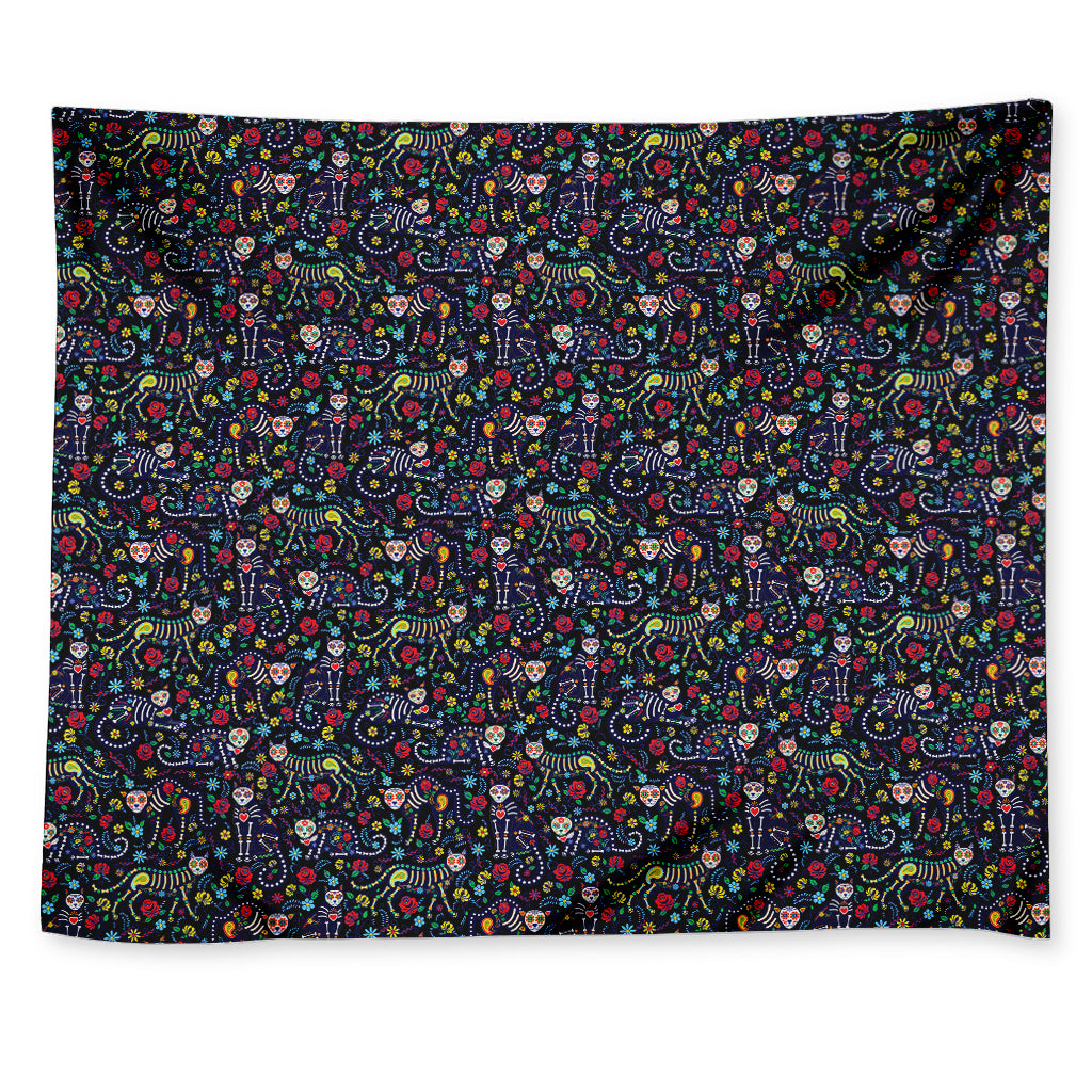 Day Of The Dead Calavera Cat Print Tapestry