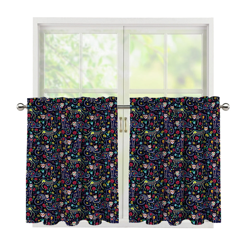 Day Of The Dead Calavera Cat Print Tier Curtains